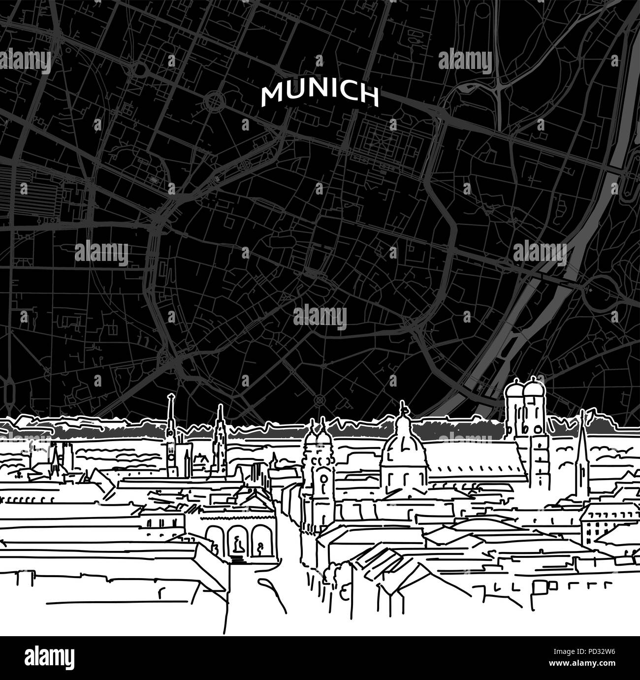 Croquis dessinés à la main, de Munich, de la nourriture. Skyline de dessin vectoriel avec la carte, de l'Allemagne. Concept illustration noir et blanc. Illustration de Vecteur