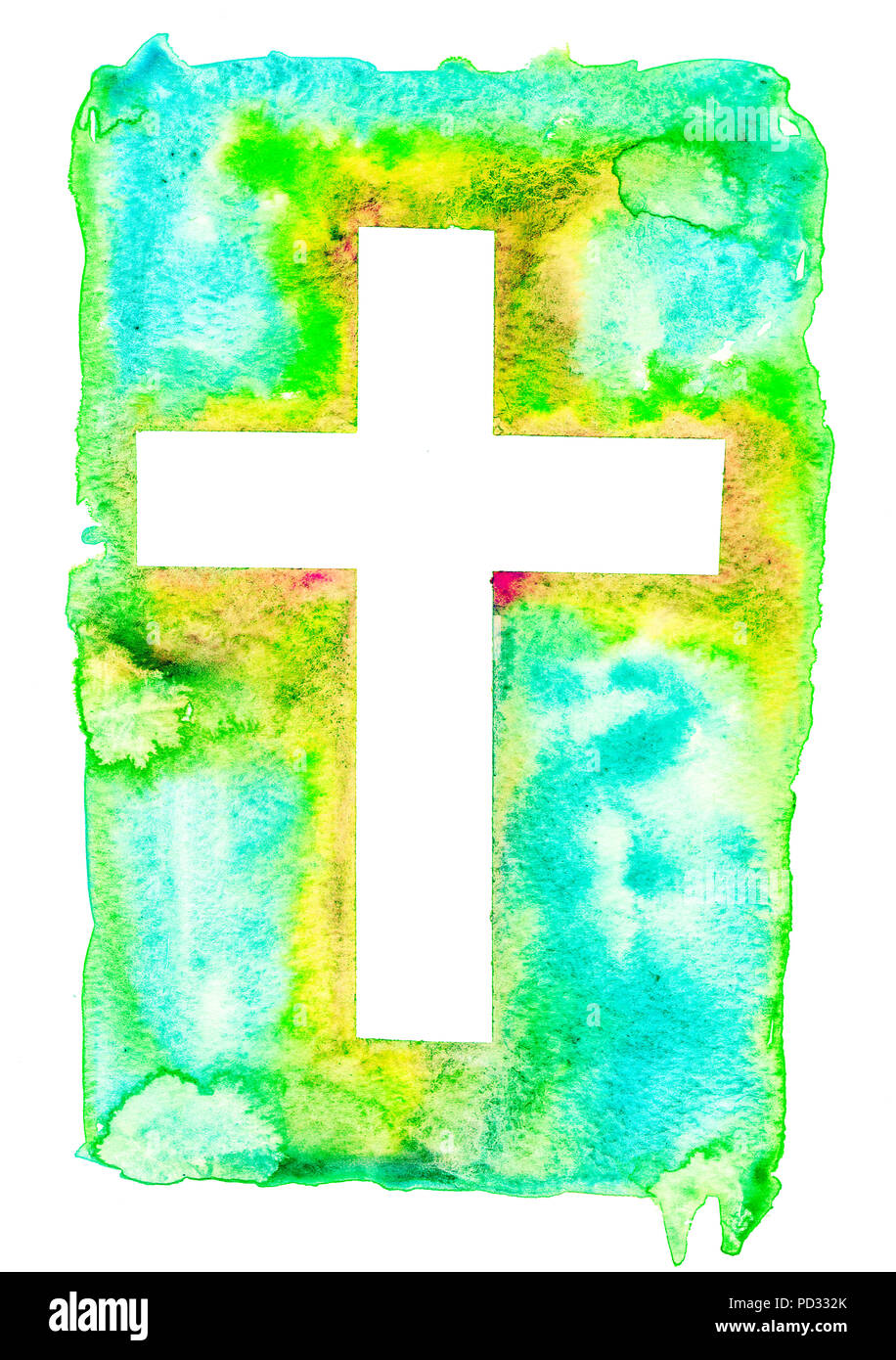 L'aquarelle colorée illustration d'une croix blanche sur fond bleu, turquoise, vert, jaune, orange, l'arrière-plan et isolé sur fond blanc.Holy Rood Banque D'Images