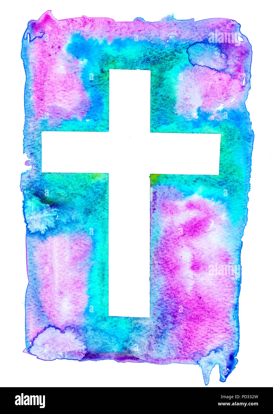 L'aquarelle colorée illustration d'une croix blanche sur fond bleu, turquoise, et isolé sur fond blanc. Holy Rood Banque D'Images