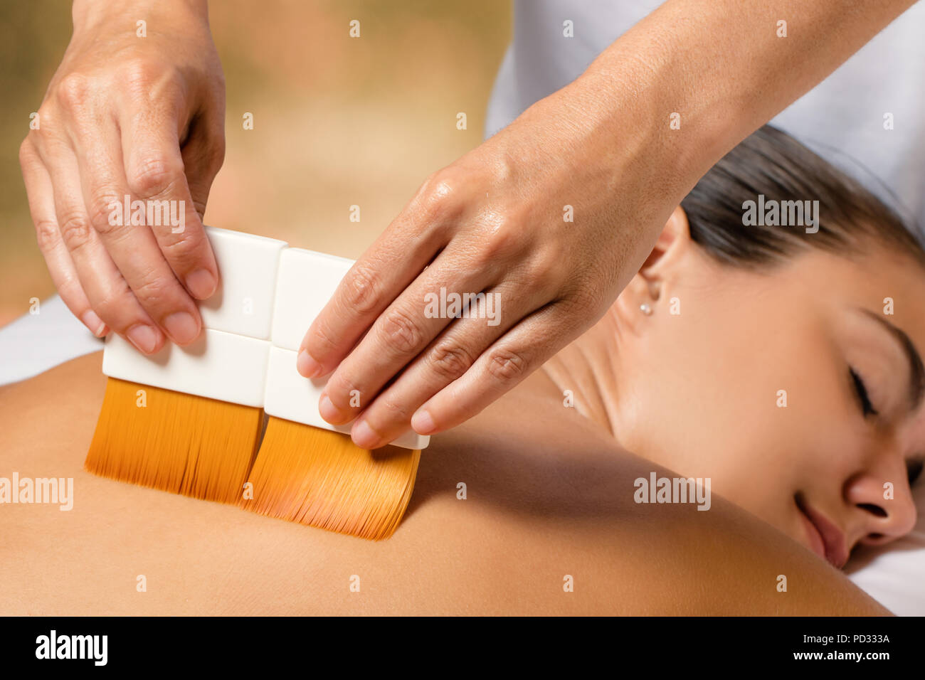 Close up detail du thérapeute l'application de produit de beauté sur femelle avec jeu de balais. Banque D'Images