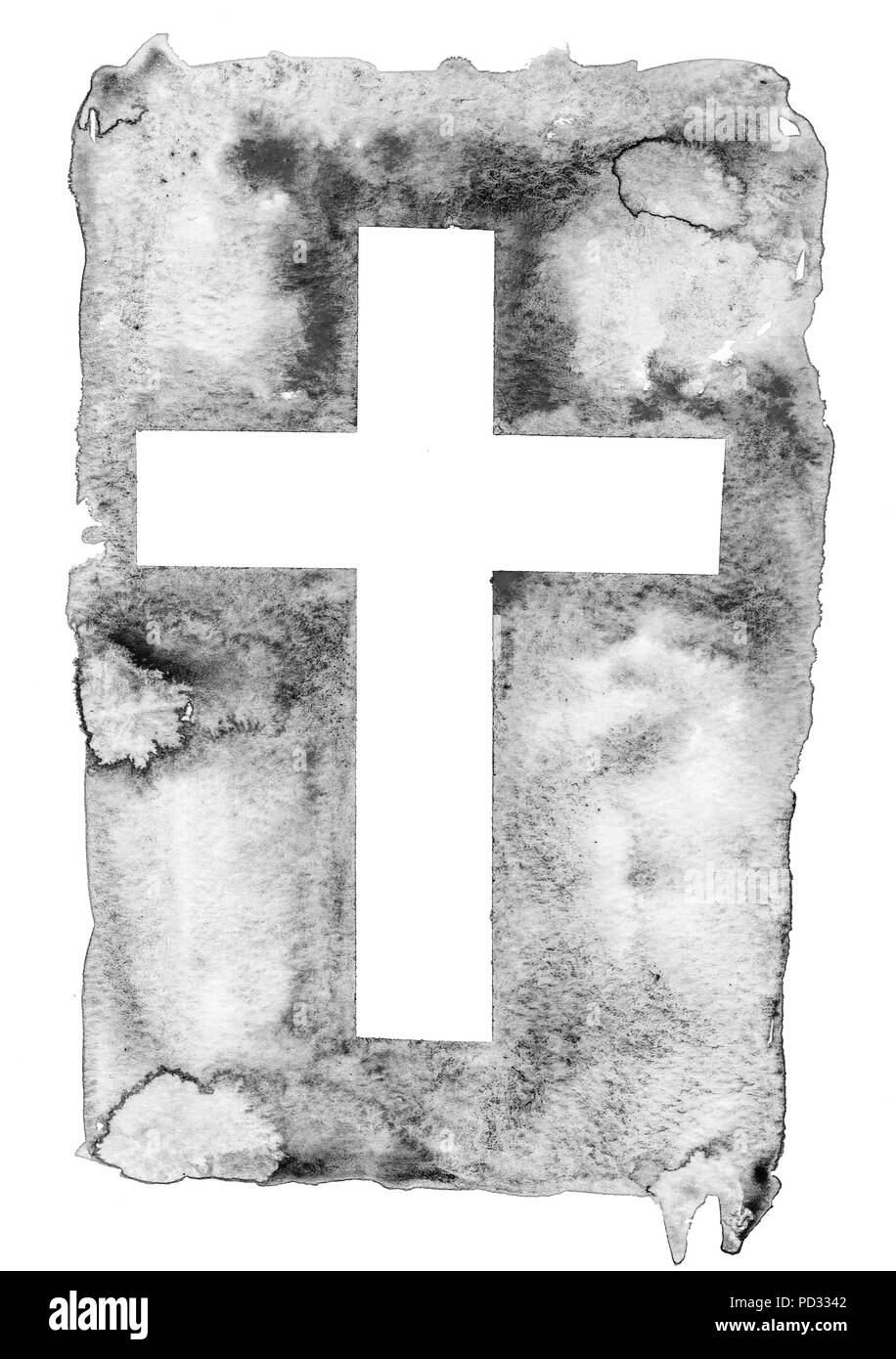 L'aquarelle colorée illustration d'une croix blanche sur fond noir, gris, et isolé sur fond blanc. Holy Rood Banque D'Images