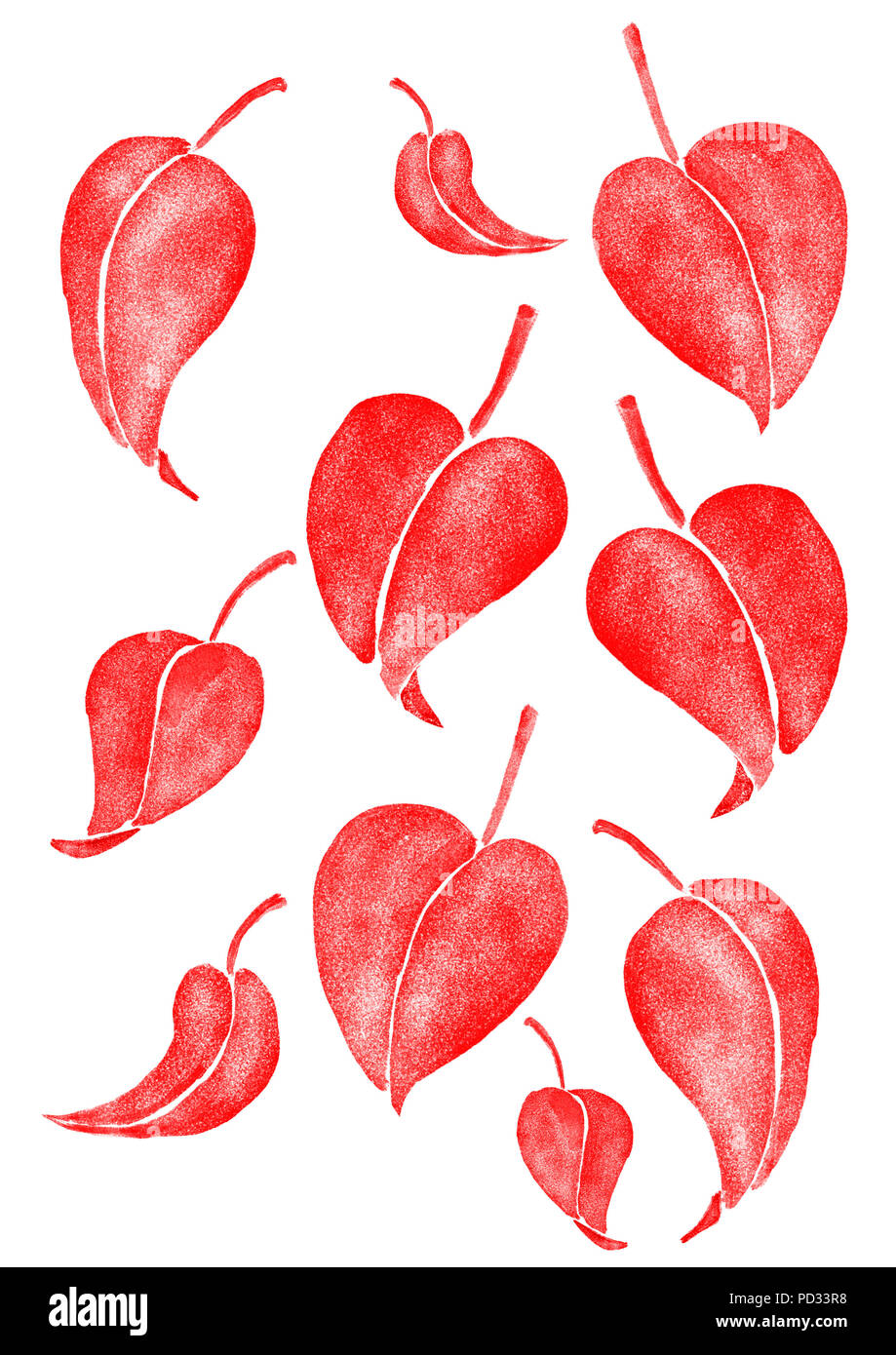 Une illustration à l'aquarelle numérique. Un ensemble de 10 feuilles rouge isolé sur chaque couche transparente et sur le fond blanc Banque D'Images