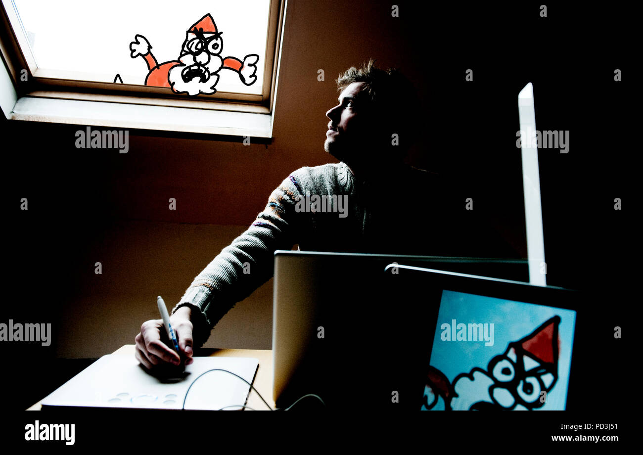 Jonas Geirnaert, créateur de l'Kabouter Wesley animation personnage dans le Man bijt Hond TV show (Belgique, 02/12/2009) Banque D'Images