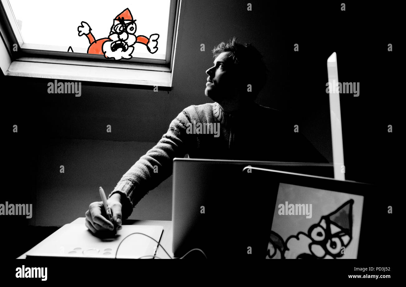 Jonas Geirnaert, créateur de l'Kabouter Wesley animation personnage dans le Man bijt Hond TV show (Belgique, 02/12/2009) Banque D'Images