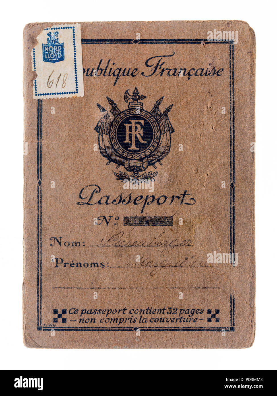 1935's vintage couverture du passeport français, Banque D'Images