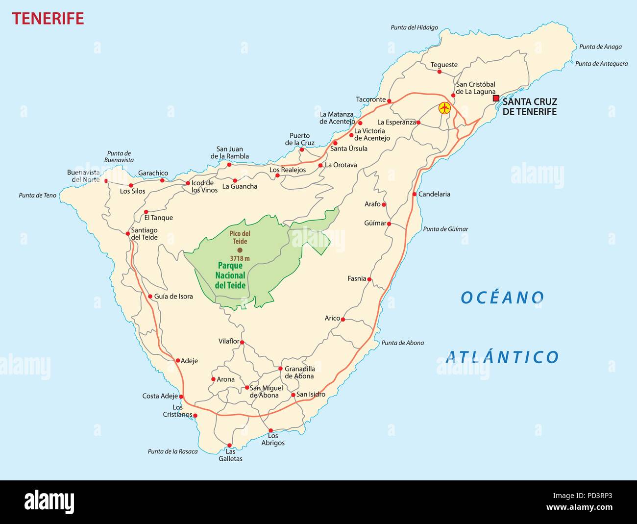 Vector carte routière de l'île des Canaries tenerife Illustration de Vecteur