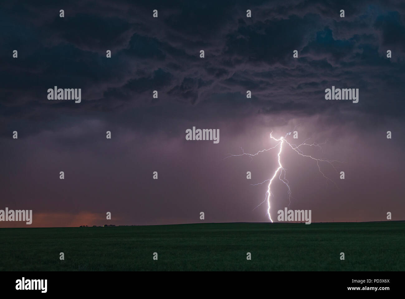 Une fourche éclairs nuage-sol, terrain rural hits vis Ogallala, Nebraska, États-Unis Banque D'Images