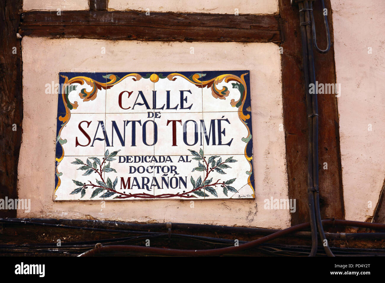 Calle de San Tomé street sign dédié au docteur y Posadillo Gregorio Marañón, Toledo, Castille-La Manche, Espagne Banque D'Images