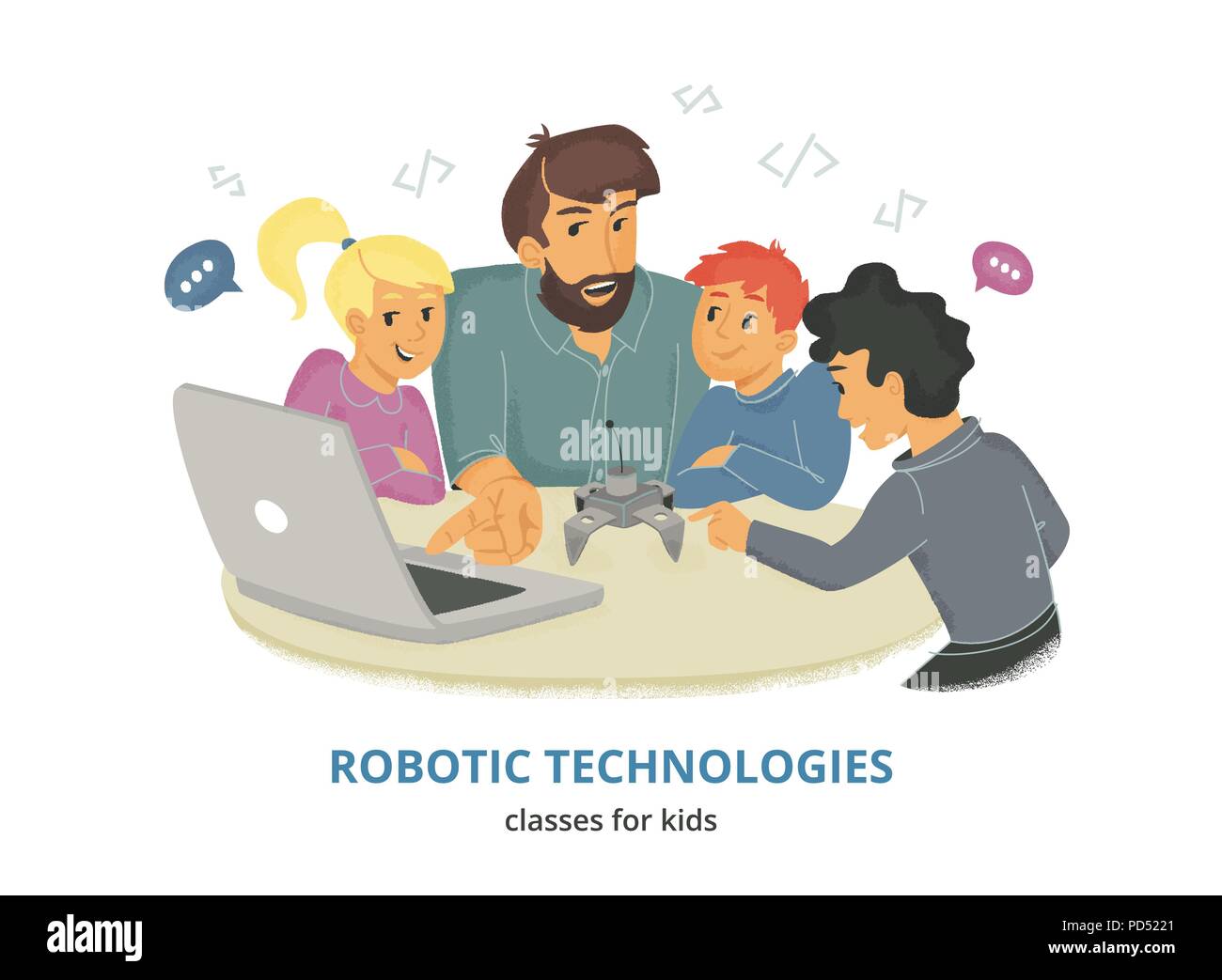 La robotique des classes pour enfants. Vector illustration de télévision sont mâles assis avec groupe d'enfants à la table de codage et d'expliquer de quelle façon Illustration de Vecteur