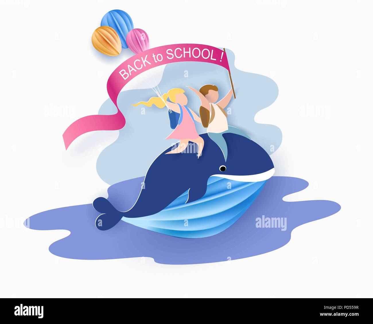 Retour à l'école 1 septembre carte avec les enfants assis sur le vol des baleines dans le fond de ciel. Vector illustration. Coupe papier et de l'artisanat traditionnel. Illustration de Vecteur