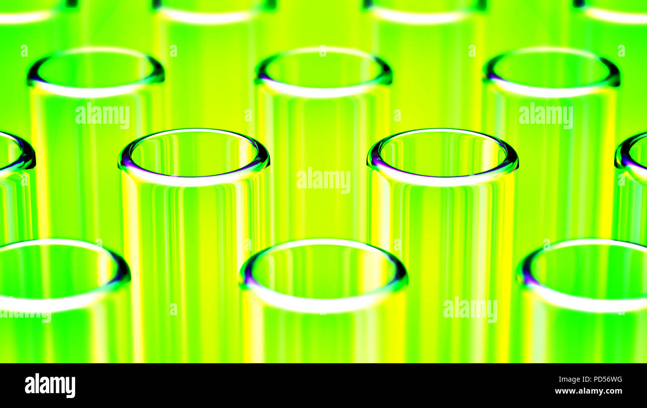 Close up sur les rangées de tubes à essai en verre, avec des reflets verts Banque D'Images