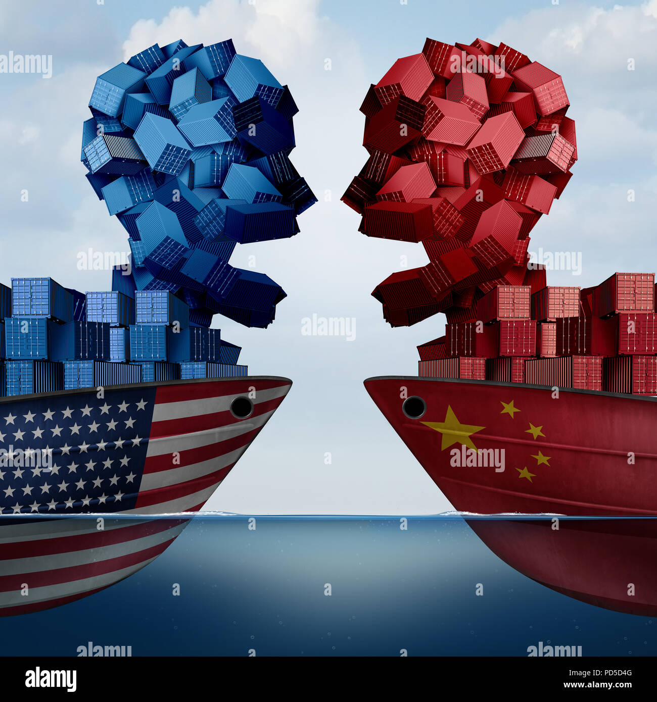 Chine États-Unis guerre des tarifs douaniers et le commerce et les tarifs douaniers américains comme des différends opposant deux cargos comme imposition économique au cours de l'importation et l'exportation. Banque D'Images