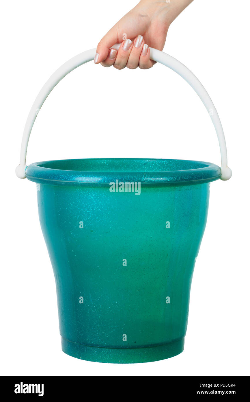 Woman's hand holding a godet sur un cas isolé sur fond blanc Banque D'Images