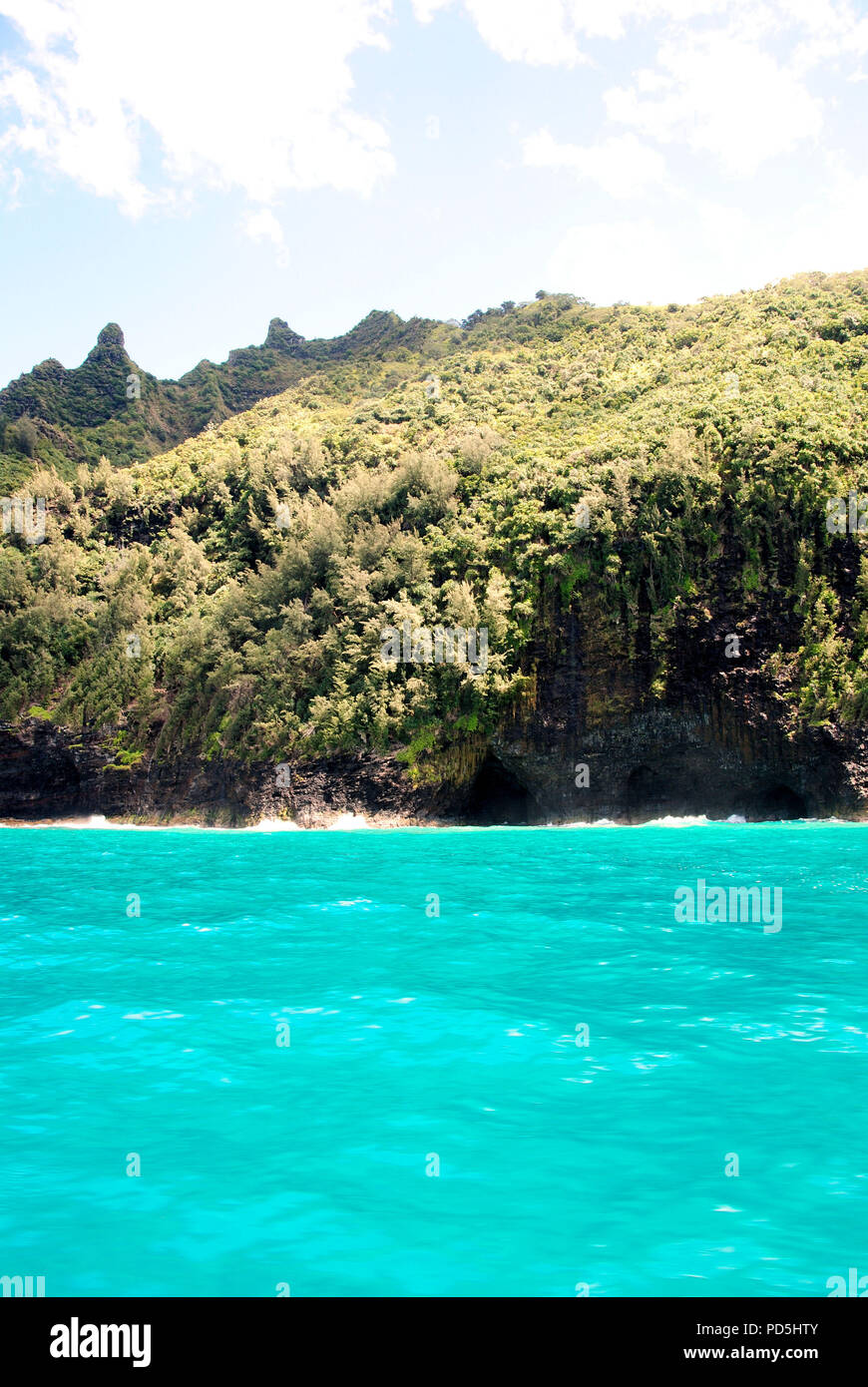 L'eau de l'océan turquoise brillant magnifique avec une forêt luxuriante et rock côte et une grotte vu sur la Côte d''Nāpali expedition, Kauai, Hawaii, USA Banque D'Images
