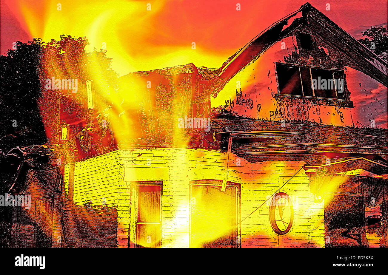 Une ancienne maison en brique peinte qui a été gravement endommagé par un incendie, avec des dommages évidents tels que les grands trous dans le toit noirci, montent à bord des portes et wi Banque D'Images