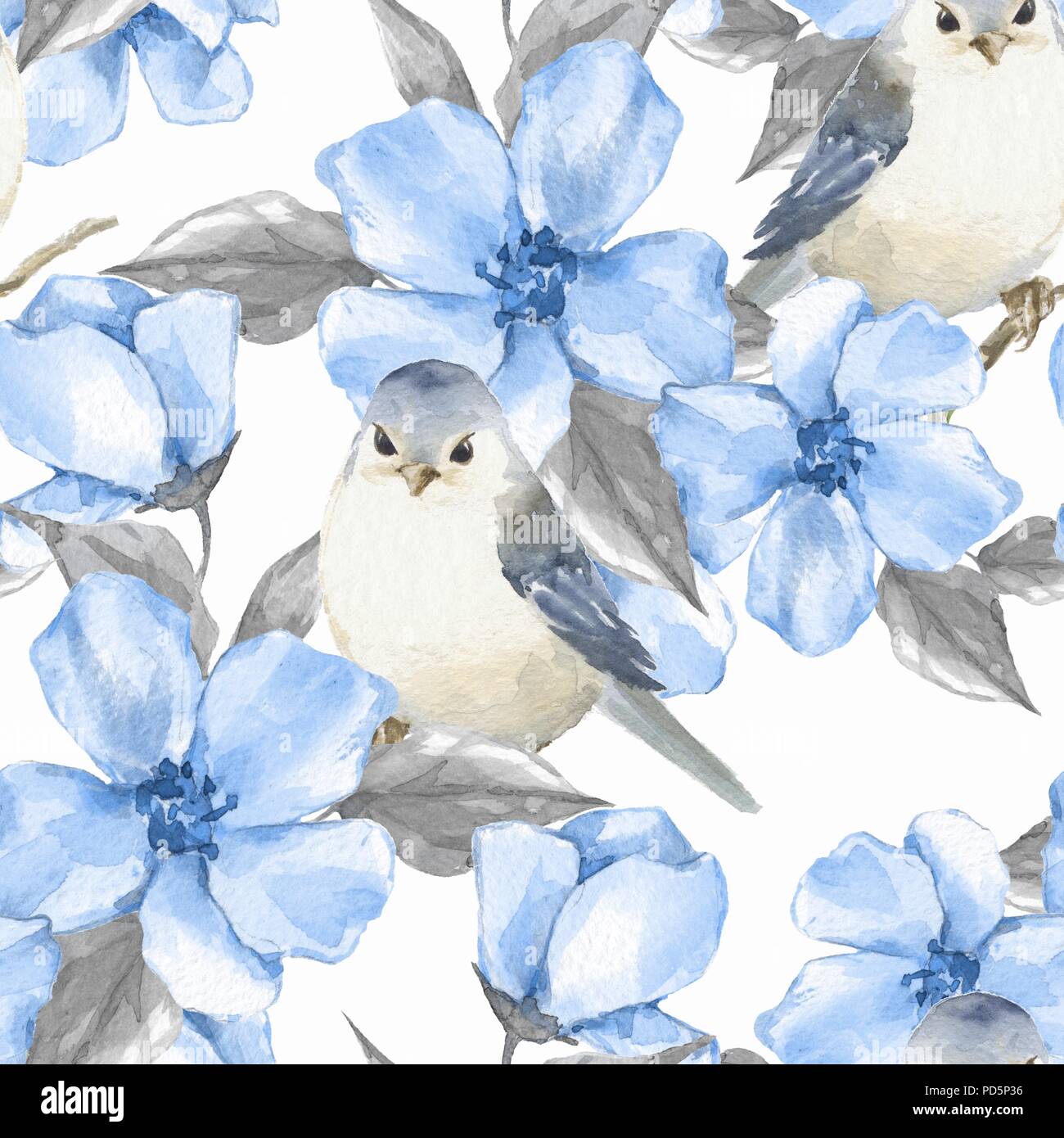 Les fleurs du printemps et les oiseaux. Motif transparent floral aquarelle Banque D'Images