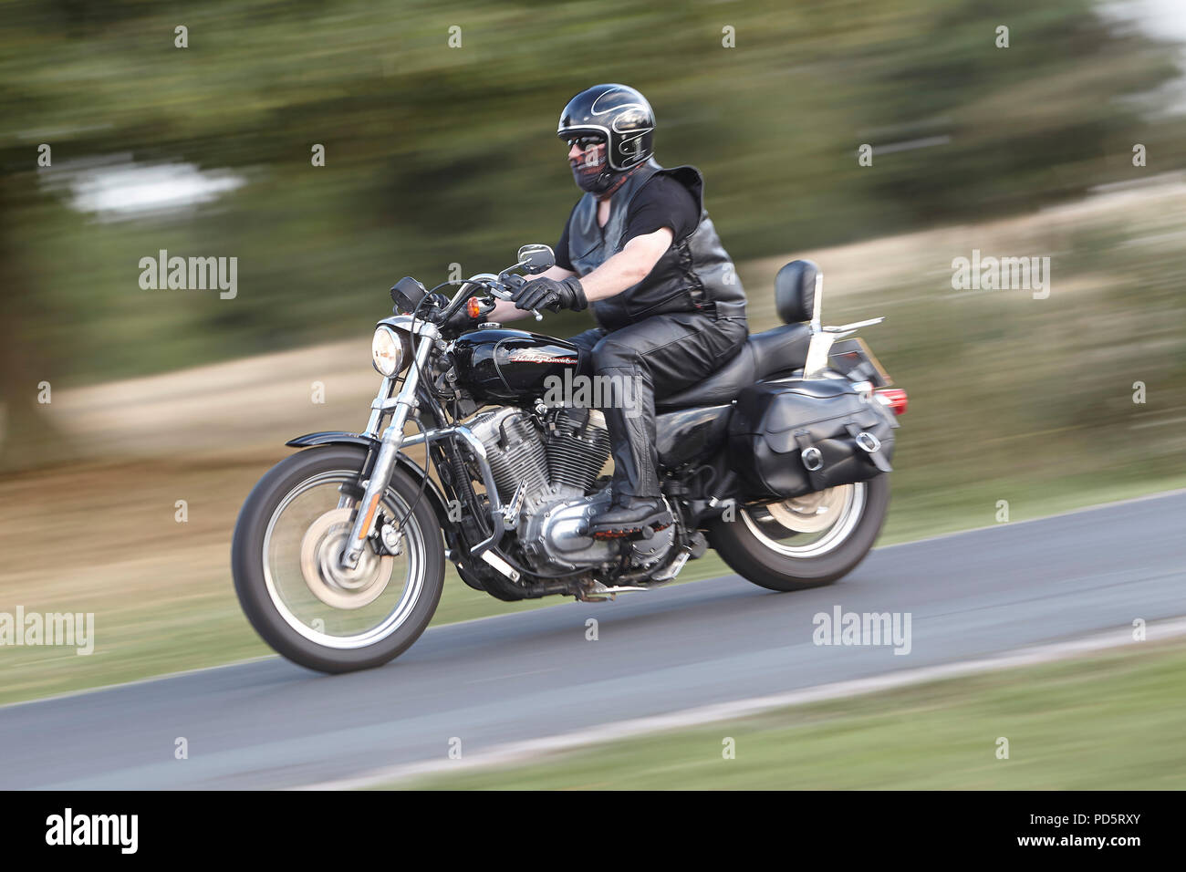 Sa circonscription vêtue de cuir biker custom cruiser XL883 Harley Davidson faible, l'ensemble du Beverley Westwood, East Yorkshire,. Photographié à l'aide de p Banque D'Images