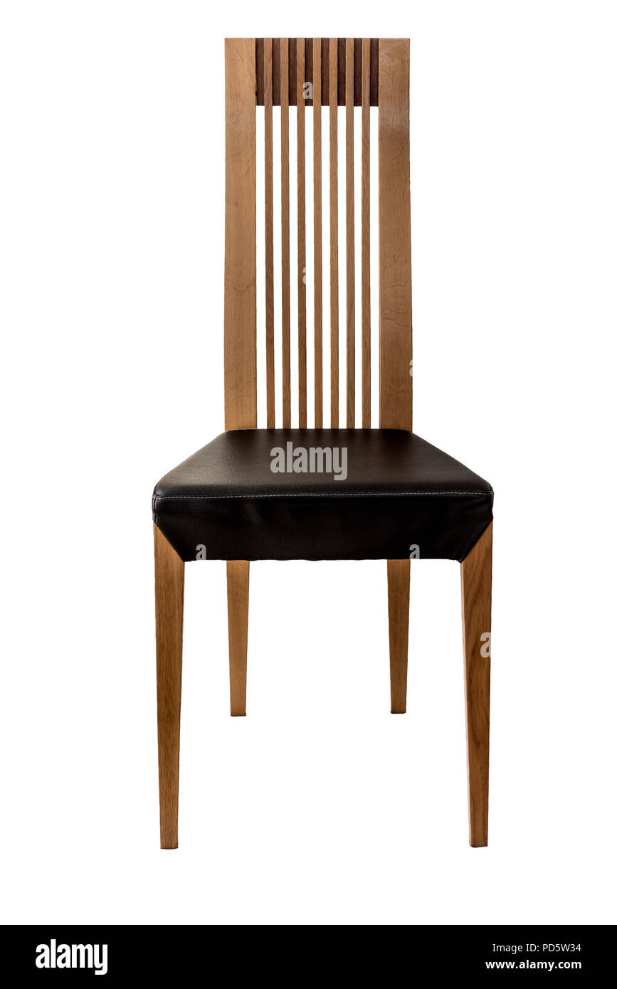 Salle à manger moderne dossier haut chaise avec siège en cuir, isolé sur blanc. Banque D'Images