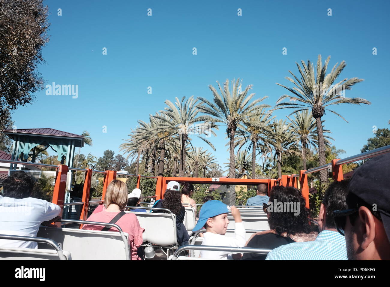 Les gens en haut de hop on hop off bus au zoo de San Diego, California USA Banque D'Images