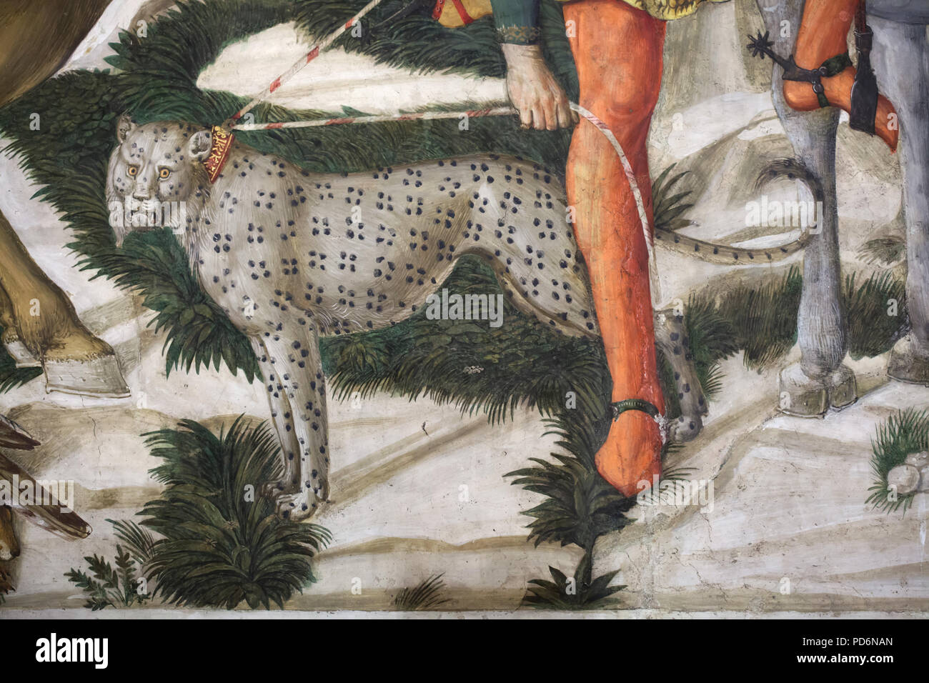 Guépards apprivoisés représenté dans la fresque par le peintre de la Renaissance italienne à Benozzo Gozzoli la Chapelle des Mages dans le Palazzo Medici Riccardi à Florence, Toscane, Italie. Banque D'Images