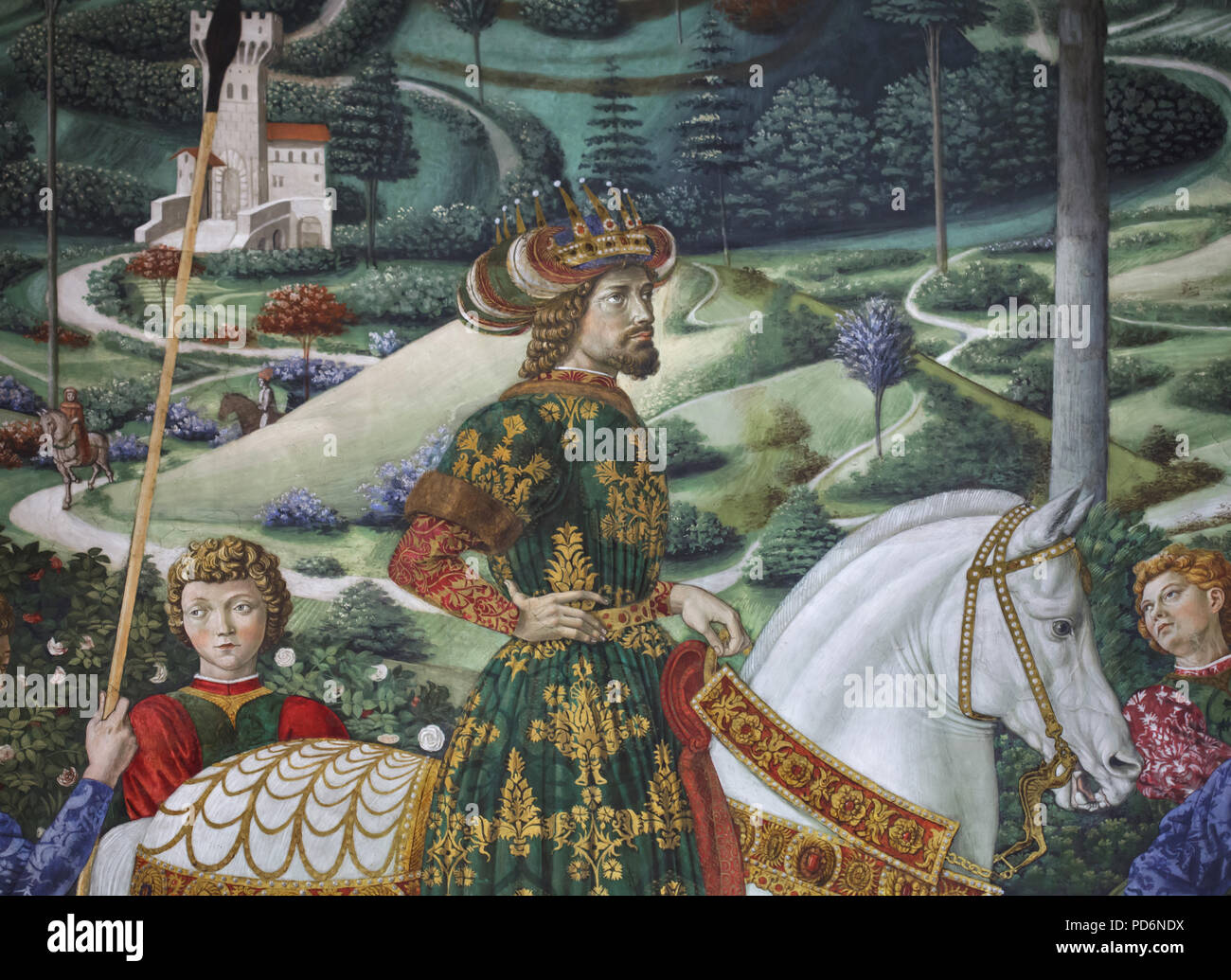 L'empereur byzantin Jean VIII Paléologue à cheval dépeint comme le Mage Balthazar dans la fresque murale du peintre de la Renaissance italienne à Benozzo Gozzoli la Chapelle des Mages dans le Palazzo Medici Riccardi à Florence, Toscane, Italie. Banque D'Images