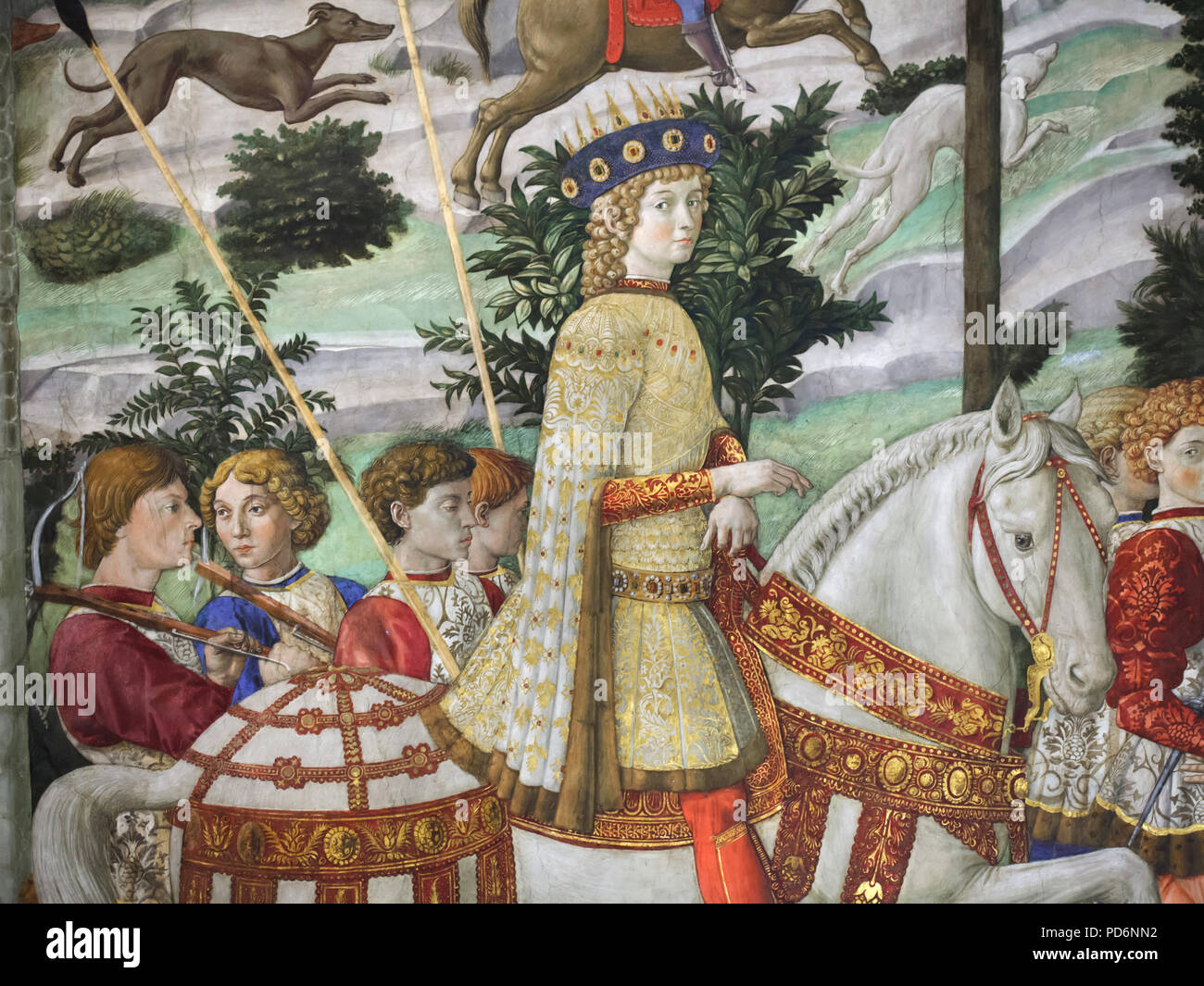 Lorenzo de' Medici, également connu sous le nom de Laurent le Magnifique à cheval dépeint comme Caspar le Mage dans la fresque murale du peintre de la Renaissance italienne à Benozzo Gozzoli la Chapelle des Mages dans le Palazzo Medici Riccardi à Florence, Toscane, Italie. Banque D'Images