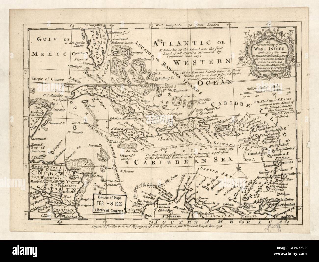 Une carte précise de la West Indies contenant le Bahama & Caribbe Îles, le Grand & Petit Antilles avec les îles du Vent et Leward & du continent américain Banque D'Images