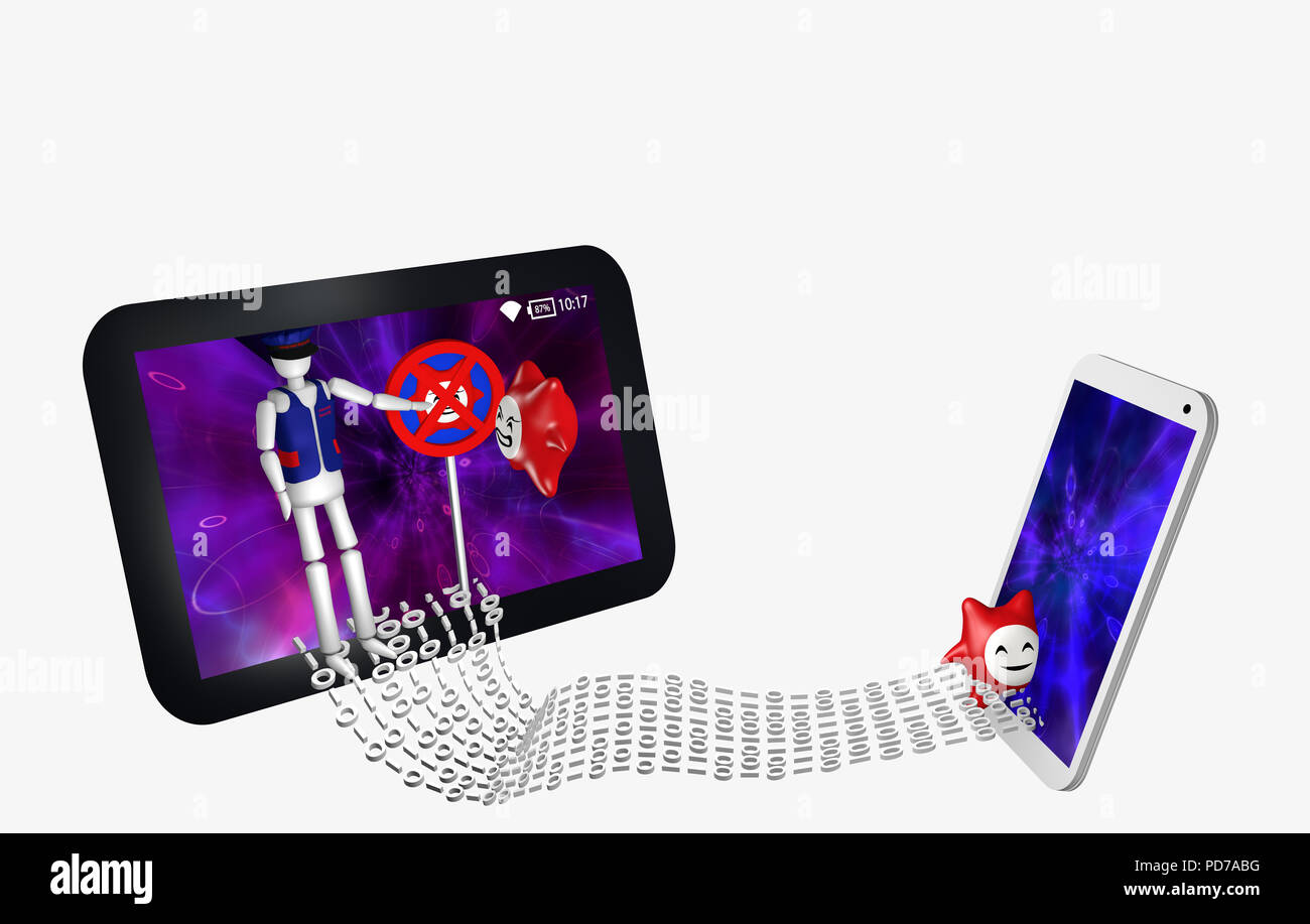 Flux de données entre un téléphone mobile et tablette. En face de la tablette est un virus en colère, qui n'entre pas en raison de la protection contre les virus, dans le mo Banque D'Images Flux de données entre un téléphone mobile et tablette. En face de la tablette est un virus en colère, qui n'entre pas en raison de la protection contre les virus, dans le mo Banque D'Images
