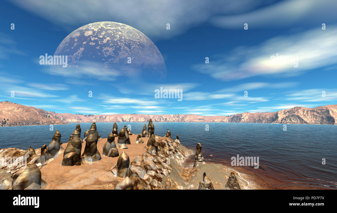 Planète extra de fantaisie. L'eau et la montagne. 3D illustration Banque D'Images