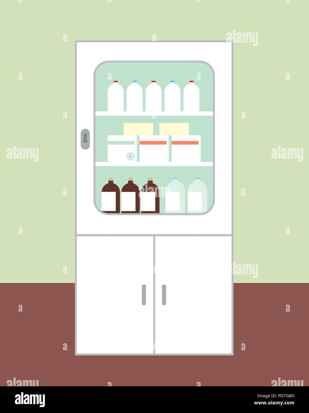 Cabinet blanc pour les médicaments destinés à l'infirmerie avec la porte fermée, avec des lunettes, les boîtes et bouteilles sur brown marbre mur vert sur fond - vec Illustration de Vecteur