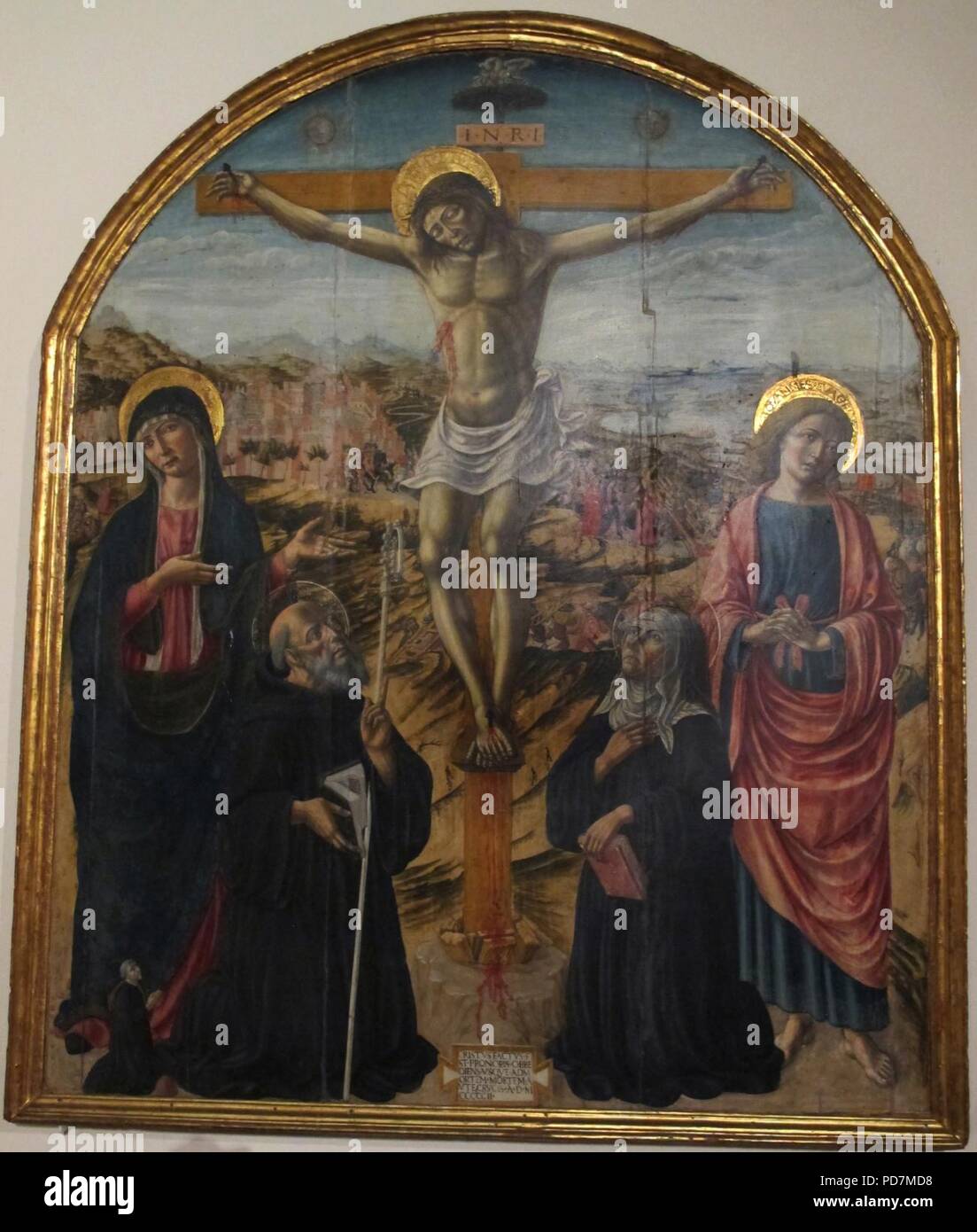 Andrea di niccolò, Crocifissione con la Vergine e i Santi Giovanni, Benedetto e Scolastica, 1502. Banque D'Images