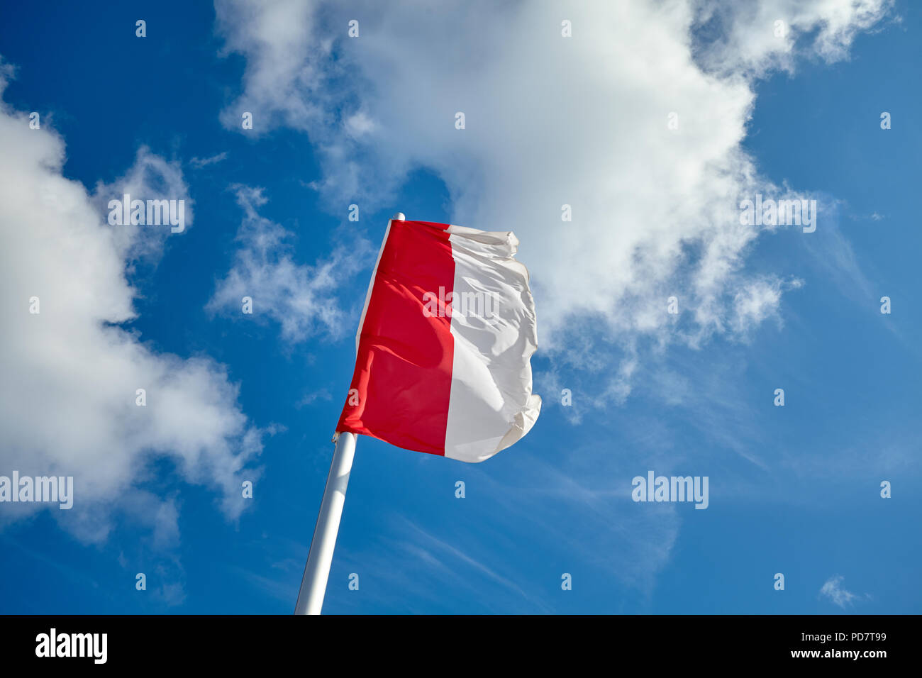 Drapeau polonais contre le ciel bleu sur une journée ensoleillée. Banque D'Images