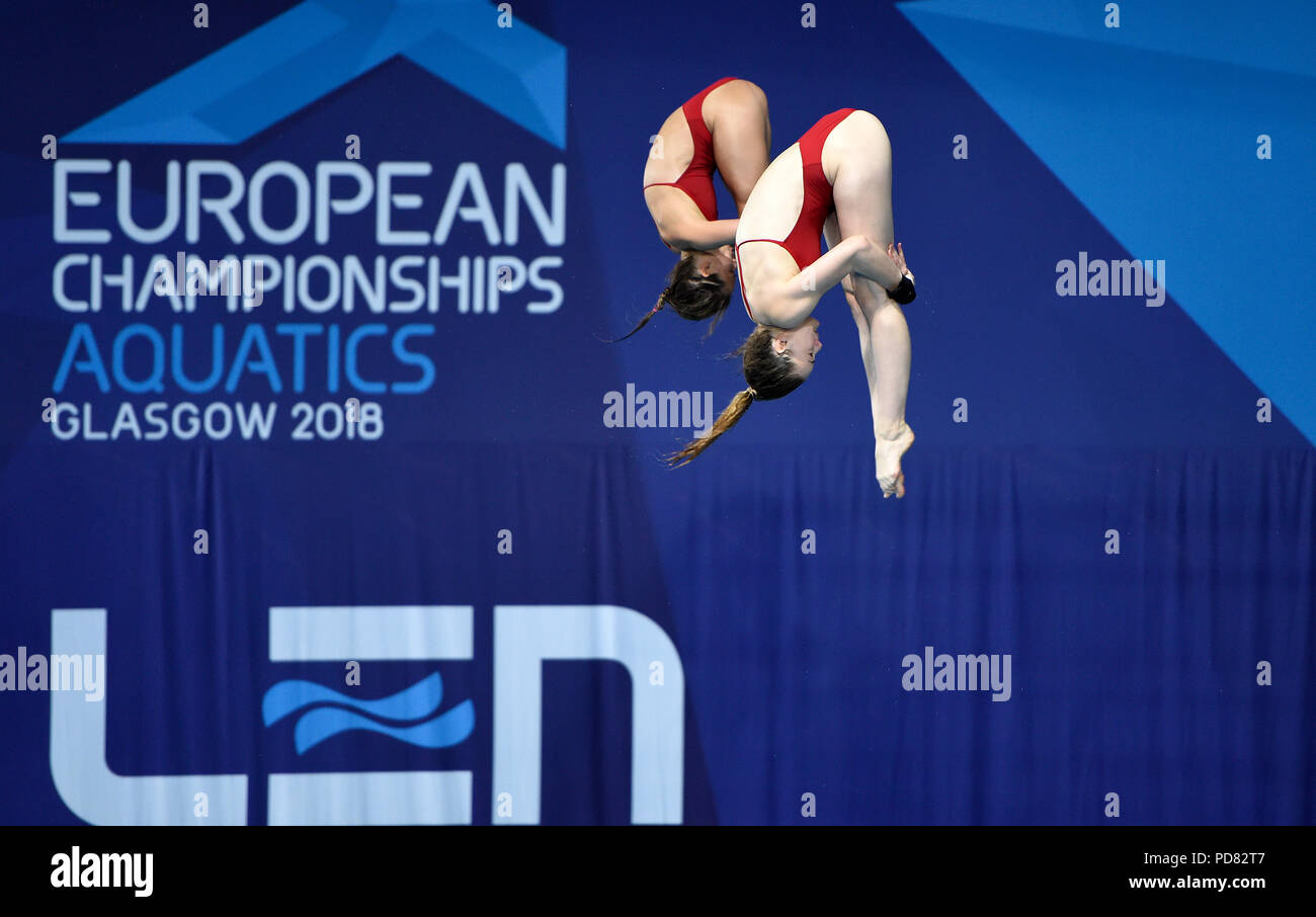 Maria Kurjo et Elena Wassen en Allemagne lors de la finale de la plate-forme de 10 m synchronisée des femmes au cours du sixième jour des Championnats d'Europe 2018 au campus sportif de Scotstoun à Glasgow. APPUYEZ SUR ASSOCIATION photo. Date de la photo: Mardi 7 août 2018. Voir PA Story PLONGÉE européen. Le crédit photo devrait se lire comme suit : Ian Rutherford/PA Wire. Banque D'Images