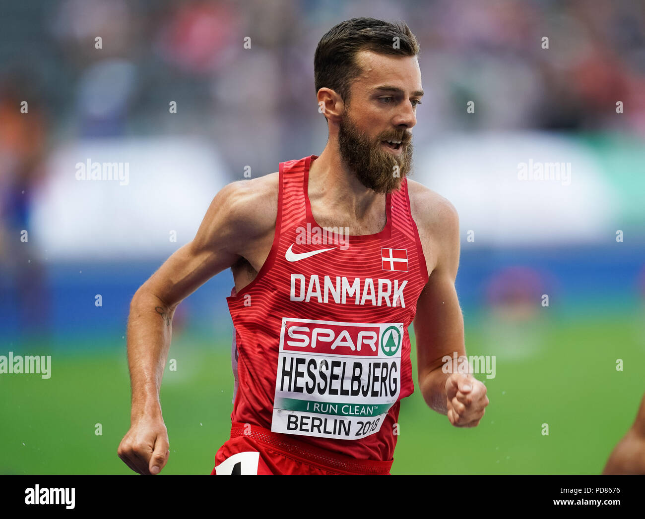 7 août 2018 : Hesslbjerg pendant 3000m Steeple Chase pour les hommes au Stade Olympique, à Berlin, à l'European Athletics Championship. Ulrik Pedersen/CSM Banque D'Images