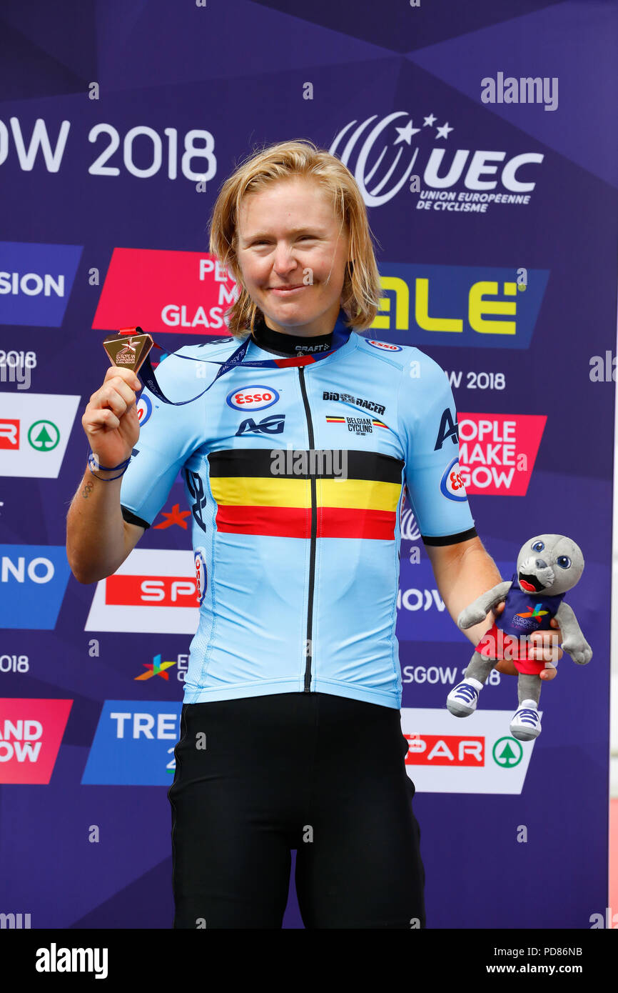 Glasgow, Royaume-Uni. 7 août 2018. L'un des gagnants du cross-country de vélo de montagne, qui a eu lieu sur la piste à Cathkin Braes sur le côté sud de Glasgow était en troisième place a été Githa MICHIELS (Belgique) Credit : Findlay/Alamy Live News Banque D'Images