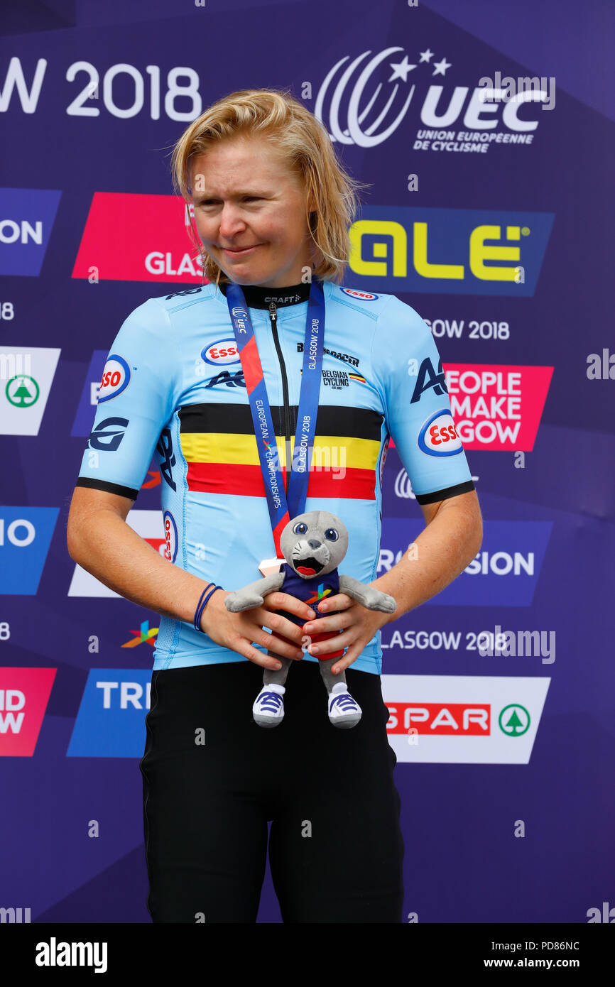 Glasgow, Royaume-Uni. 7 août 2018. L'un des gagnants du cross-country de vélo de montagne, qui a eu lieu sur la piste à Cathkin Braes sur le côté sud de Glasgow était en troisième place a été Githa MICHIELS (Belgique) Credit : Findlay/Alamy Live News Banque D'Images