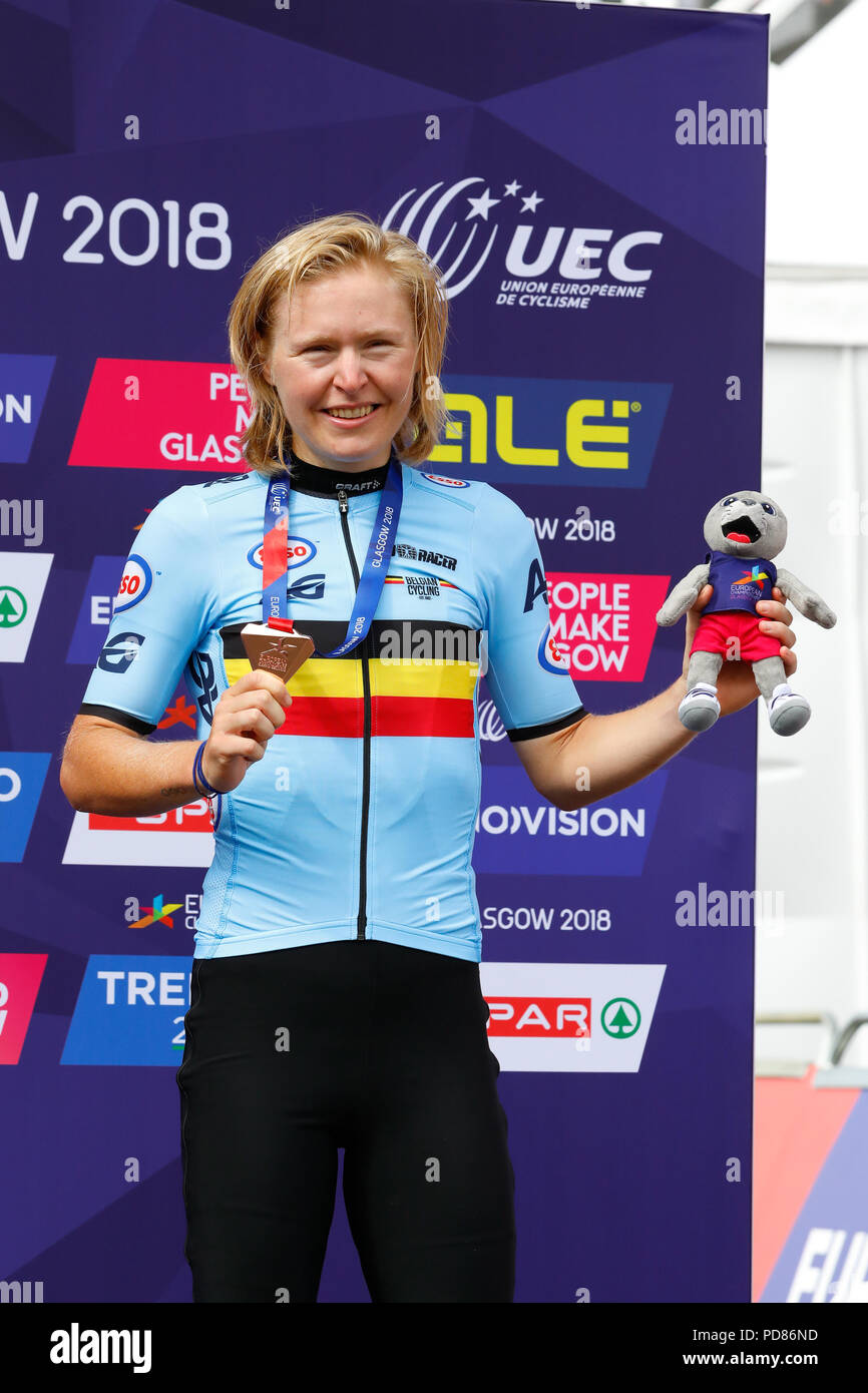 Glasgow, Royaume-Uni. 7 août 2018. L'un des gagnants du cross-country de vélo de montagne, qui a eu lieu sur la piste à Cathkin Braes sur le côté sud de Glasgow était en troisième place a été Githa MICHIELS (Belgique) Credit : Findlay/Alamy Live News Banque D'Images