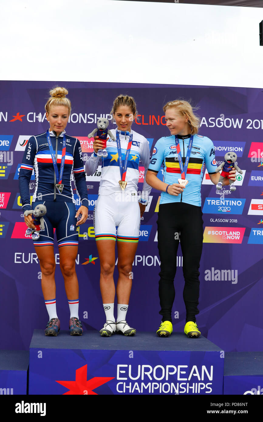 Glasgow, Royaume-Uni. 7 août 2018. Les gagnants de la Women's Cross-country de vélo de montagne, qui a eu lieu sur la piste à Cathkin Braes sur le côté sud de Glasgow ont été Jolanda NEFF (SUI), à la deuxième place a été Pauline Ferrand PREVOT (Fra) et en troisième place a été Githa MICHIELS (Bel) Credit : Findlay/Alamy Live News Banque D'Images