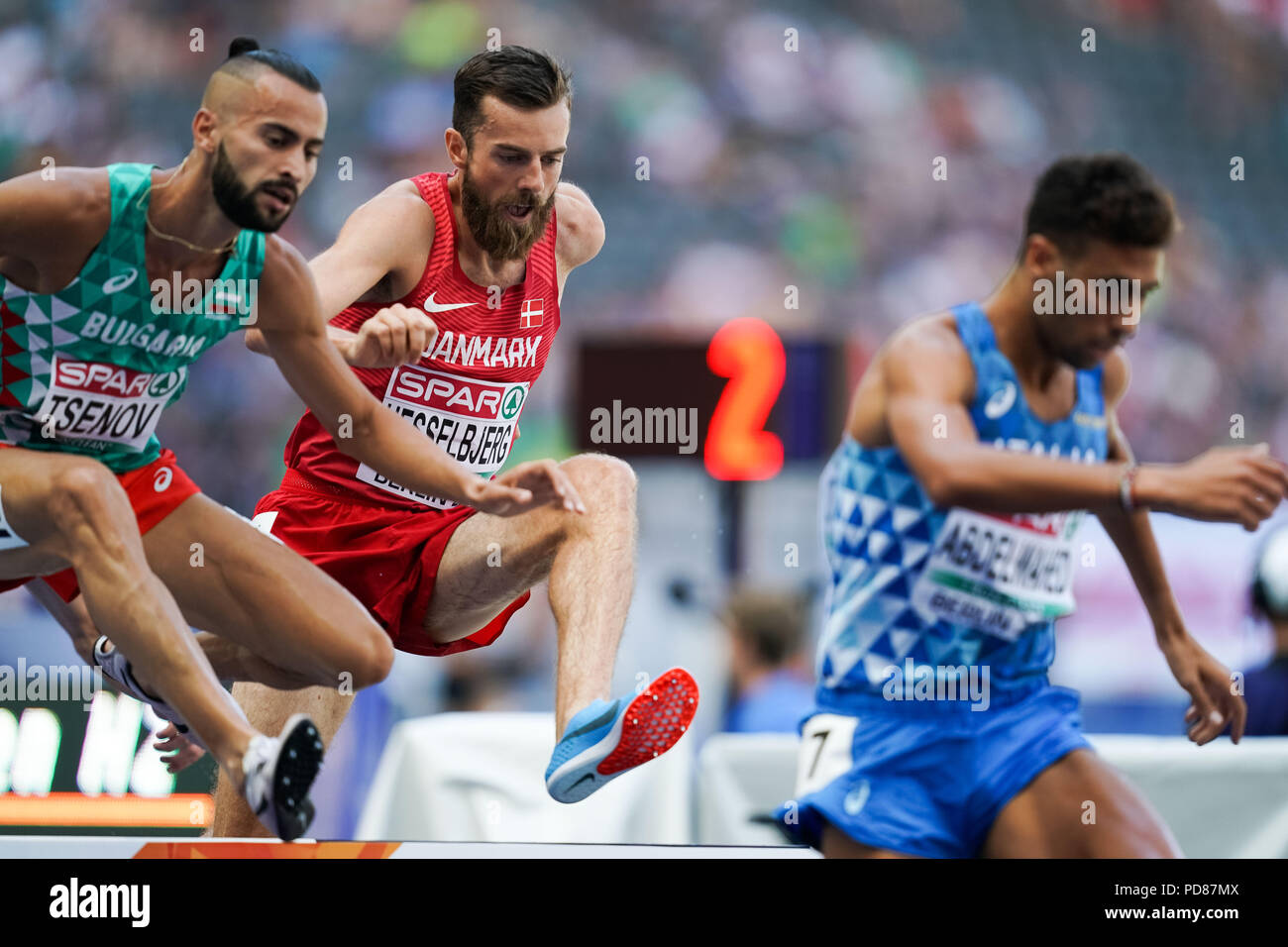 7 août 2018 : Ole Hesselbjerg pendant 3000m Steeple Chase pour les hommes au Stade Olympique, à Berlin, à l'European Athletics Championship. Ulrik Pedersen/CSM Banque D'Images