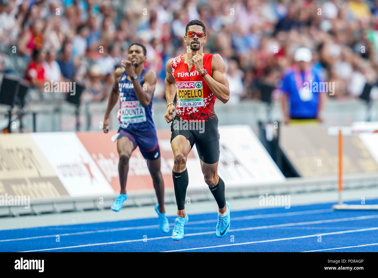 7 août 2018 : Yasmani Copello de la Turquie pendant 400 mètres haie mens demi-finale au Stade olympique à Berlin, à l'European Athletics Championship. Ulrik Pedersen/CSM Banque D'Images