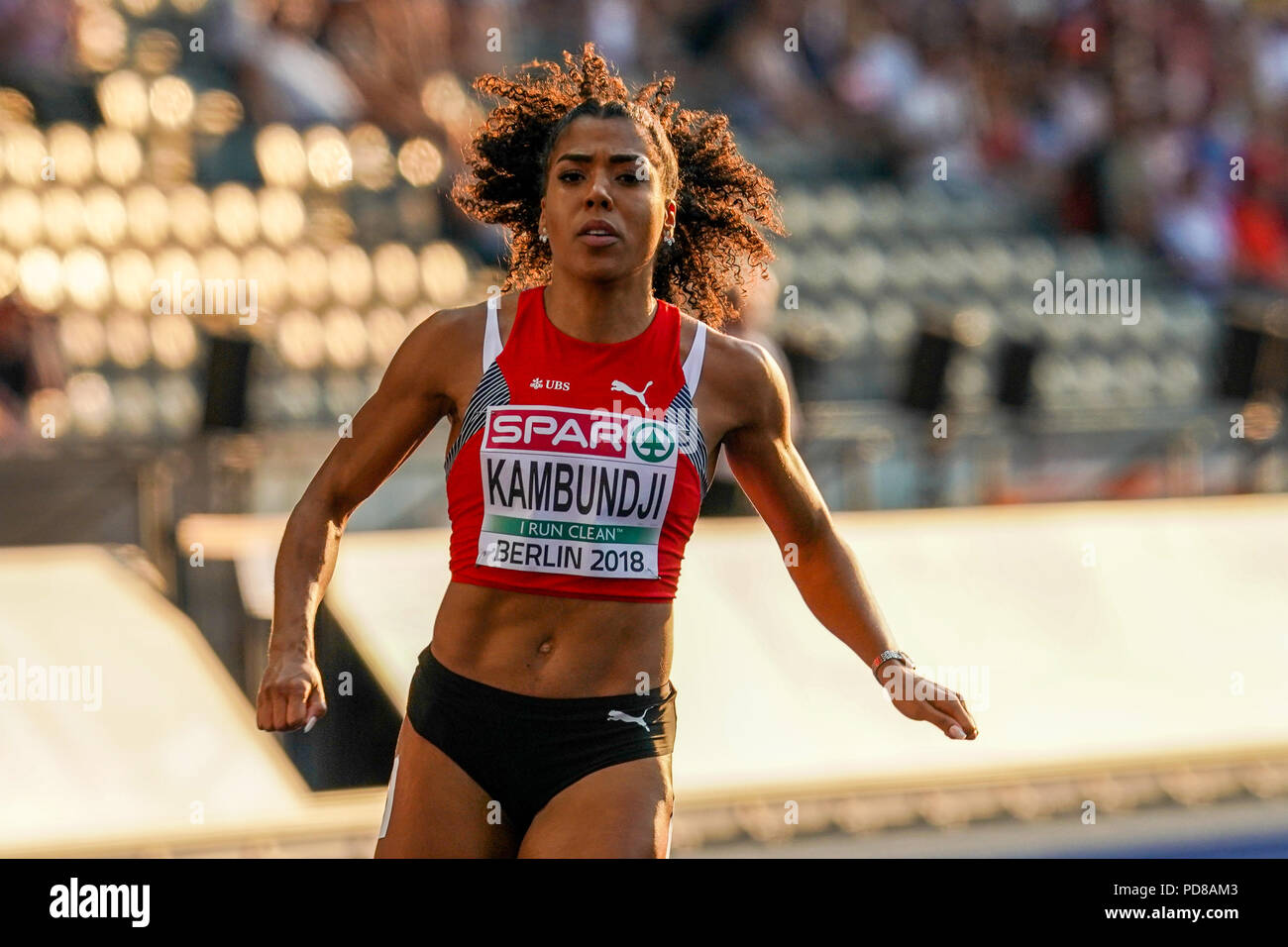 7 août 2018 : Mujinga Kambundji Â de la Suisse pendant 100 mètres womens demi-finale au Stade olympique à Berlin, à l'European Athletics Championship. Ulrik Pedersen/CSM Banque D'Images