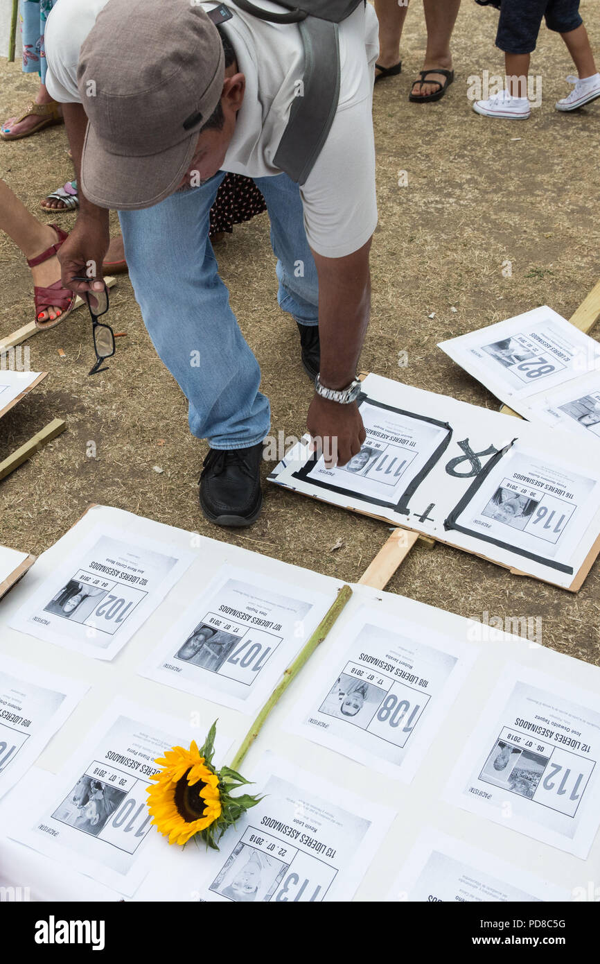 Londres, Royaume-Uni. 7 Août, 2018. Les membres de la communauté colombienne jeter tributs floraux lors d'un 7 août la mobilisation internationale pour la vie et la paix dans la place du Parlement à la mémoire de plus de 300 leaders sociaux et les défenseurs des droits de l'homme tués en Colombie. Credit : Mark Kerrison/Alamy Live News Banque D'Images