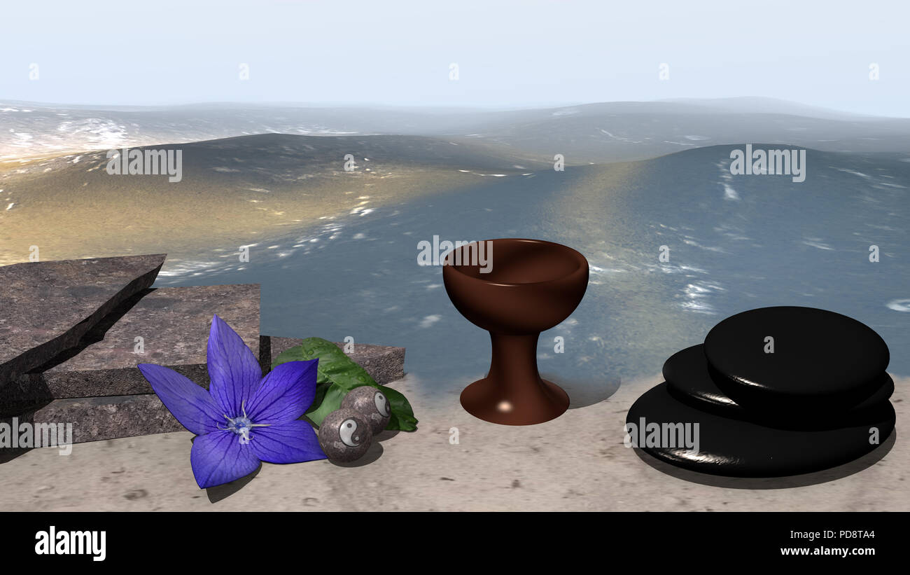 Mer avec plage de sable fin sur laquelle se trouvent une foutaise fleur avec des feuilles orange et le qigong chinois boules. À côté c'est un gobelet et des pierres ponces. Le rendu 3D Banque D'Images Mer avec plage de sable fin sur laquelle se trouvent une foutaise fleur avec des feuilles orange et le qigong chinois boules. À côté c'est un gobelet et des pierres ponces. Le rendu 3D Banque D'Images