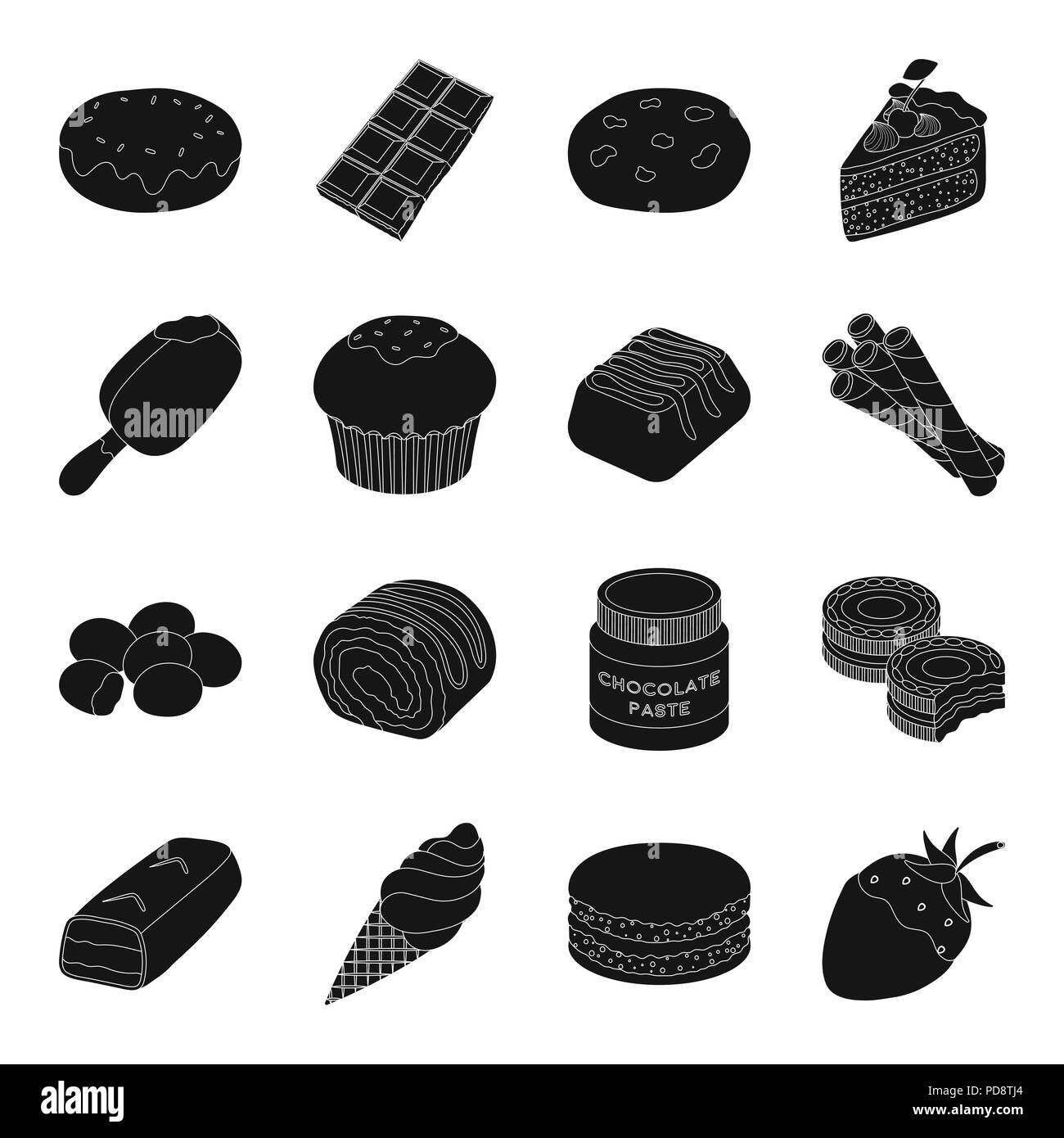 Art,Bar,biscuit,Black,bonbons,gâteau au chocolat,puce,le cacao,collection,cookies,cupcake,design,, desserts, desserts,donut,pâte,dragee,eskimo,glace,vernis,icon,illustration,logo,isolé,pâte à tarte,mélange,,sandwich,roulade,set,signer,coupe,pailles,fraise,sucre,douceur,,symbole,vecteur vecteurs vecteur web,gaufrette , Illustration de Vecteur