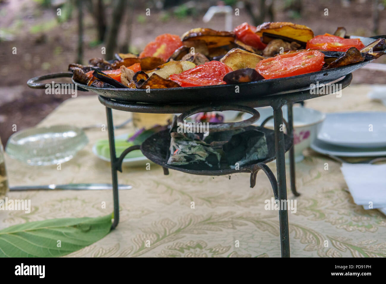 Saj kebap poulet aux champignons. Table de pique-nique en plein air Photo  Stock - Alamy