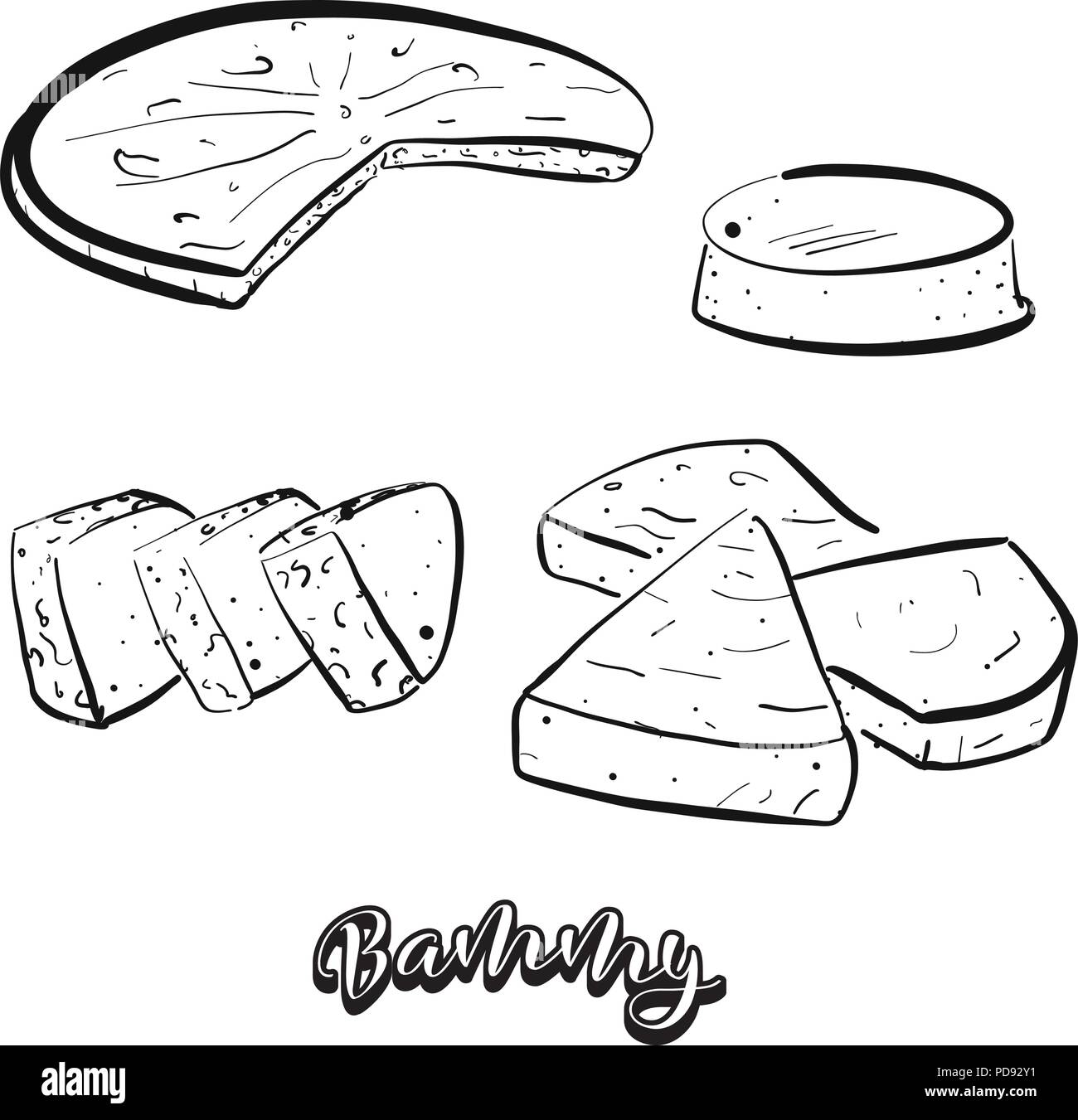 Croquis dessinés à la main de pain bammy. De dessin vectoriel, tous faits de nourriture, habituellement connu en Jamaïque. Illustration du pain series. Illustration de Vecteur