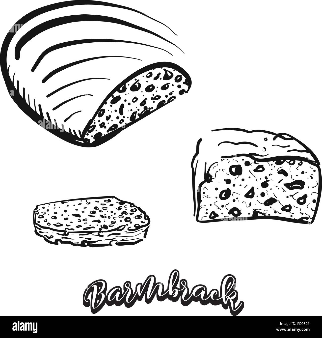 Croquis dessinés à la main de Barmbrack pain. Dessin vectoriel de la levure alimentaire pain, habituellement connu en Irlande. Illustration du pain series. Illustration de Vecteur