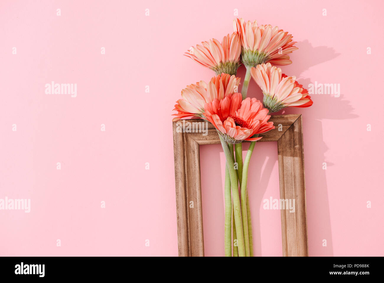 Bouquet de gerberas et vintage bois décoration d'intérieur dans un style rustique avec cadre Banque D'Images