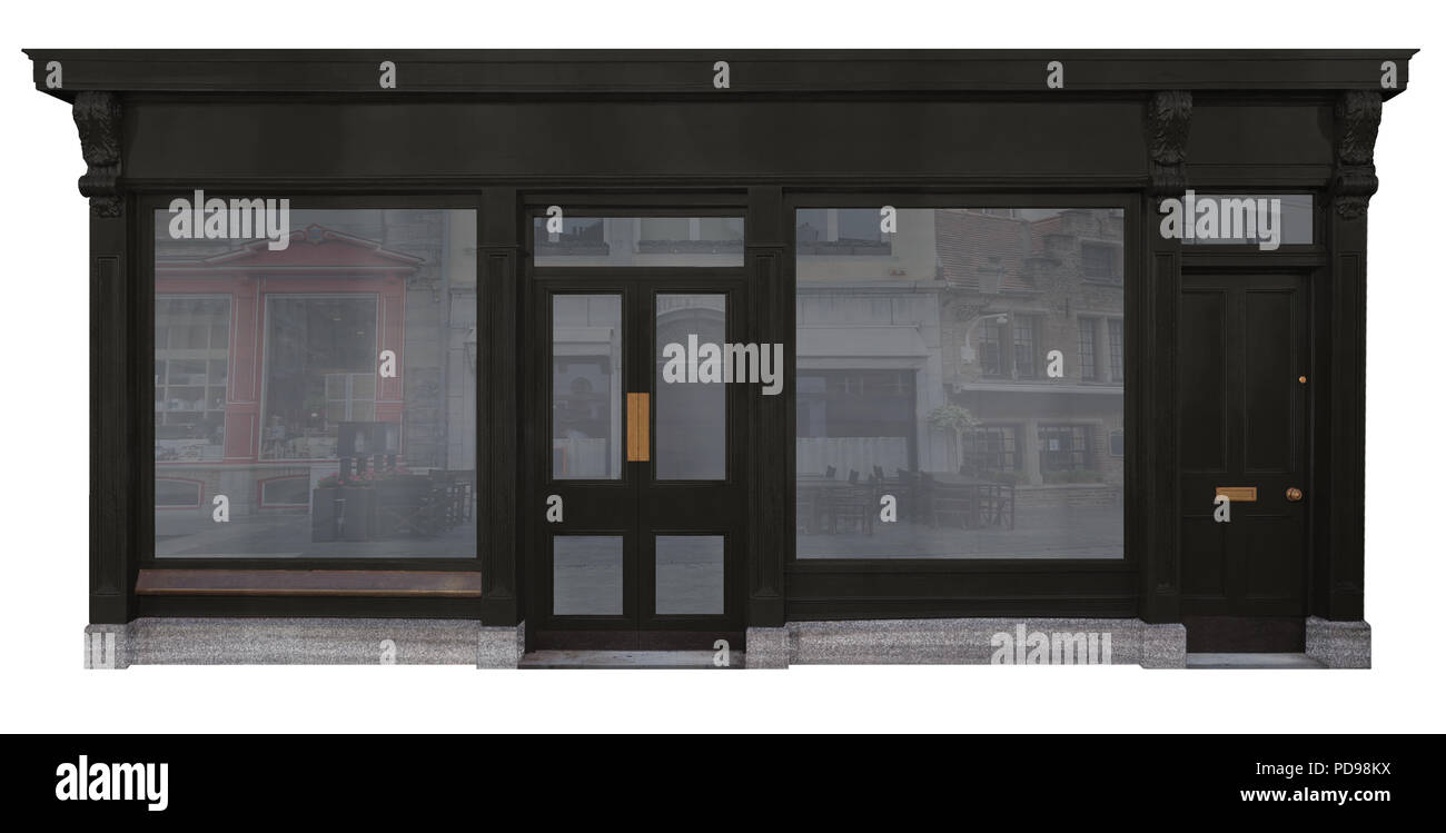 Façade de magasin avec façade en bois noir deux vitrines et deux portes isolé sur fond blanc Banque D'Images