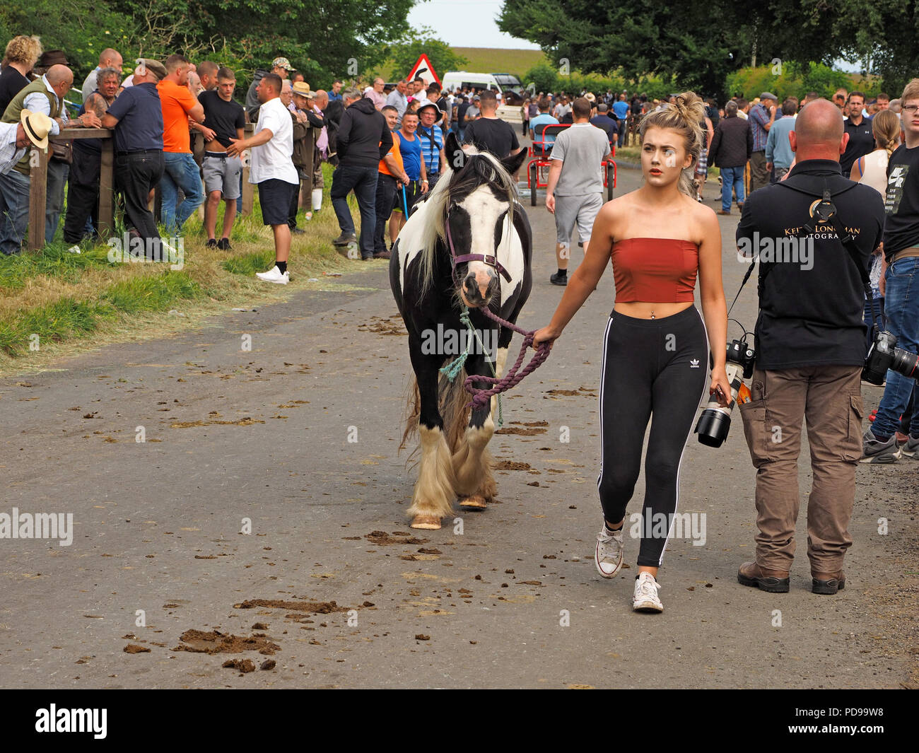 Jeune femme mène le long du chemin de la colline à cheval juste au milieu de la foule lors de l'Assemblée Appleby Horse fair à Appleby Westmorland Cumbria en Angleterre Banque D'Images